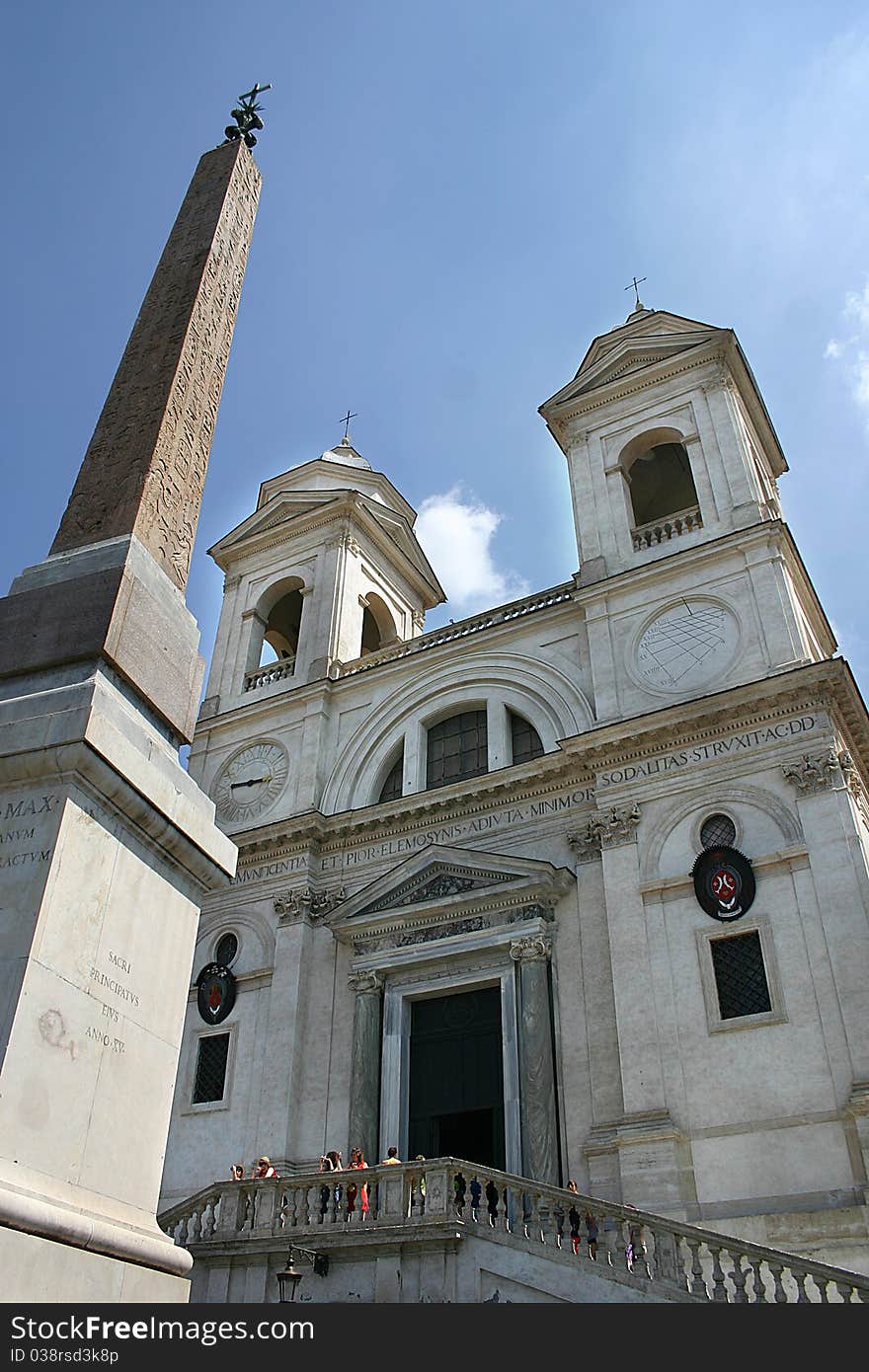 The church of Trinità dei Monti with the ancient Egyptian obelisk, near the Spagna's square in Rome. The church of Trinità dei Monti with the ancient Egyptian obelisk, near the Spagna's square in Rome