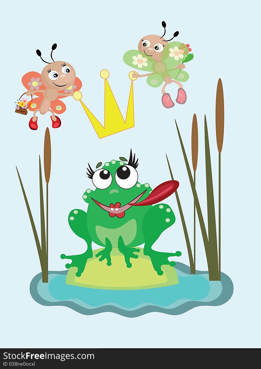 Funny frog with butterflies at the lake