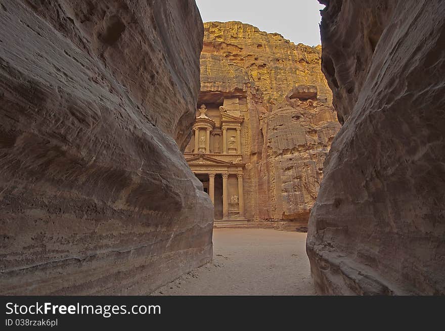 Magical sunrise at the Treasury. Petra, Jordan