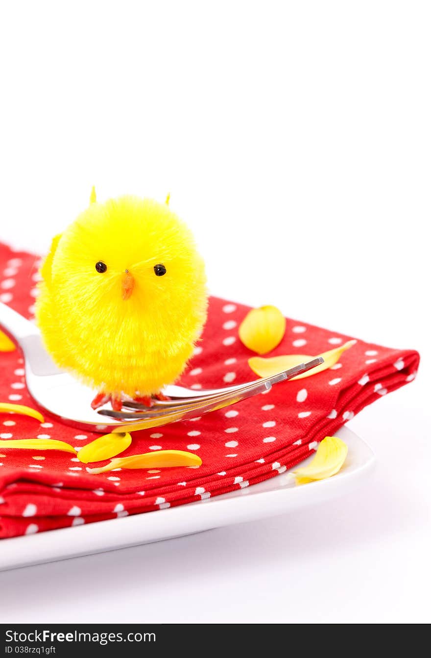 Easter place setting with biddy isolated on white background