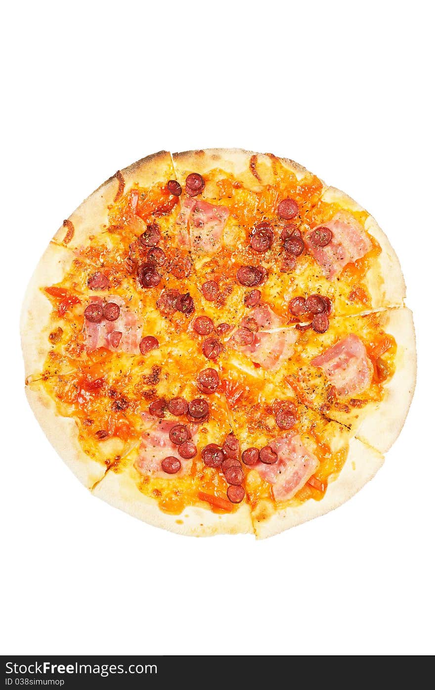 A whole pizza  with  sausage  and bacon. Isolated on white.