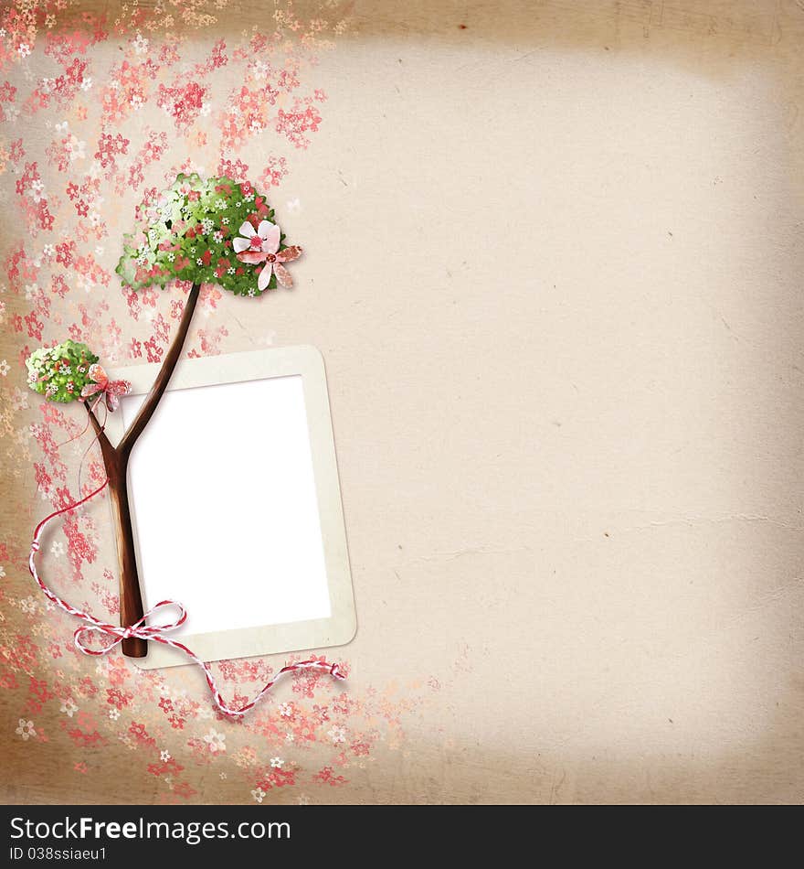 Layout with a frame for a photo with a tree and flowers