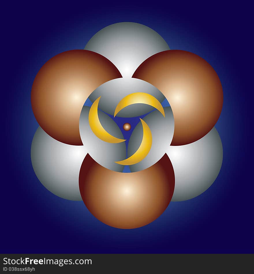 Geometric mandala with three whirling moons