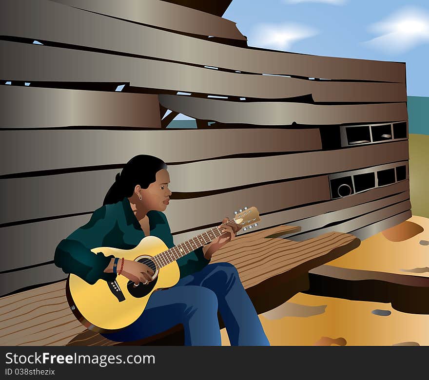 A girl with guitar sitting before a wooden hut. A girl with guitar sitting before a wooden hut