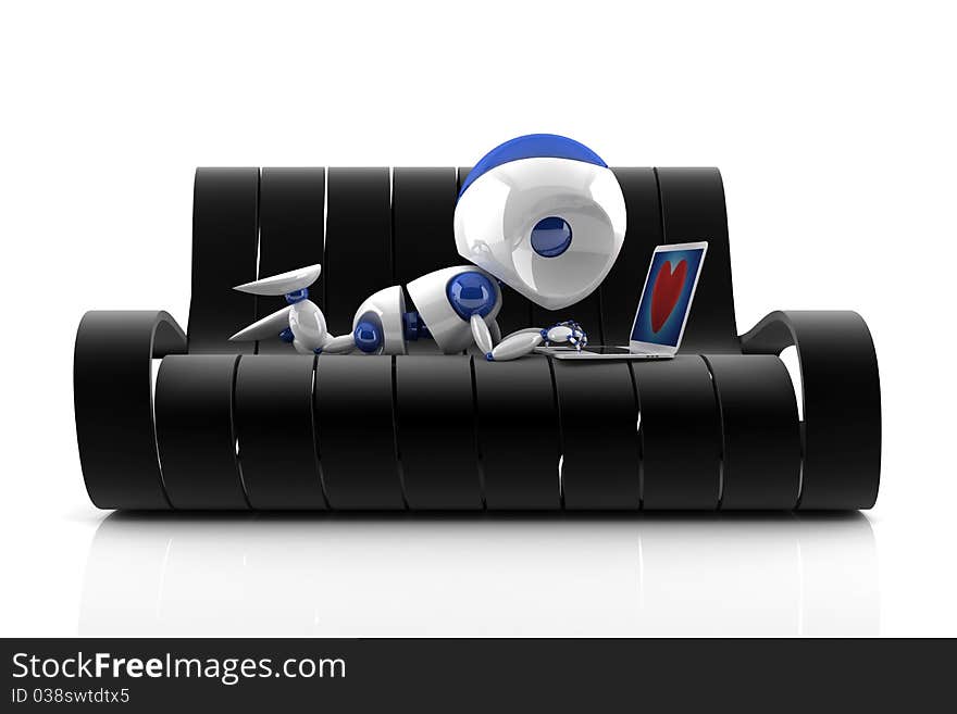 3d render of a robot sitting on a black couch. 3d render of a robot sitting on a black couch