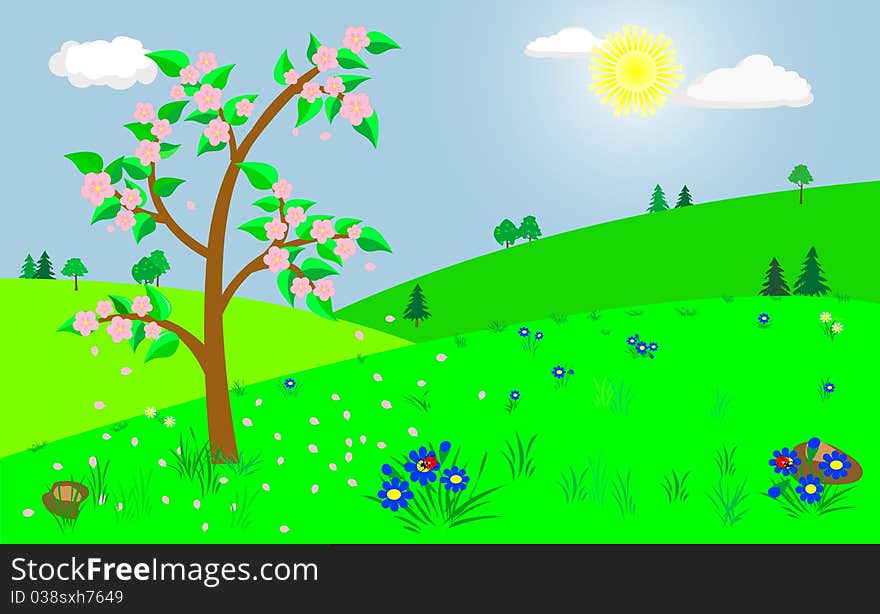 Spring landscape with the blooming tree. Spring landscape with the blooming tree.