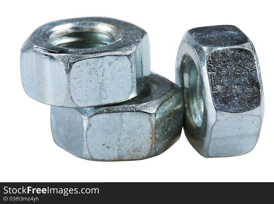 Three metal bolts isolated on a white background. Three metal bolts isolated on a white background