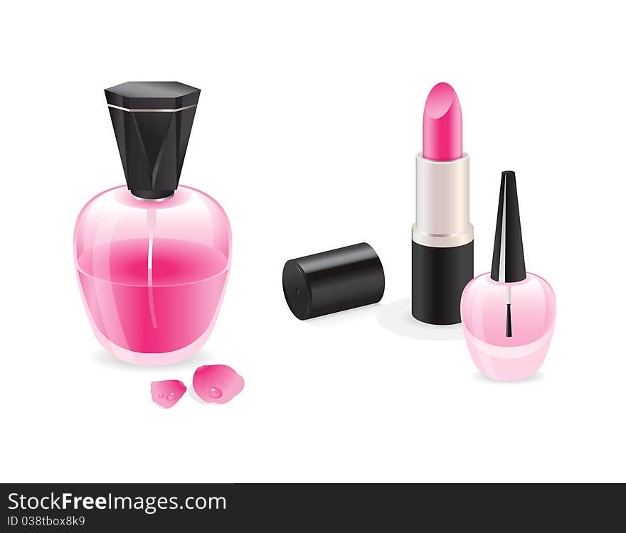 Set cosmetics: pink lipstick, nail polish, perfume