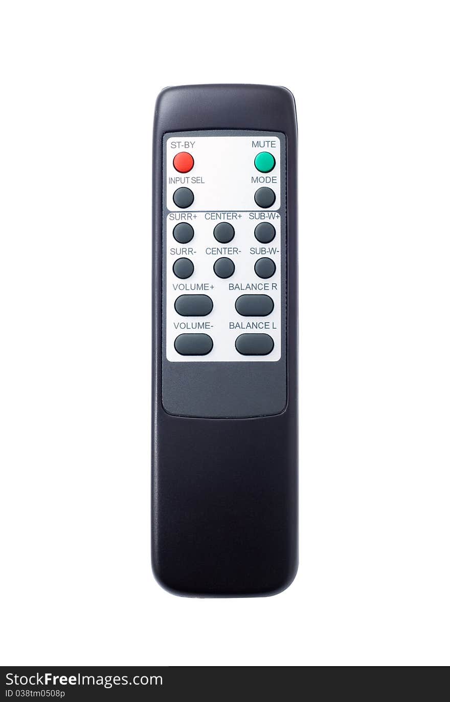 Black controller from the TV to the power button, a white background, shallow depth of field. Black controller from the TV to the power button, a white background, shallow depth of field