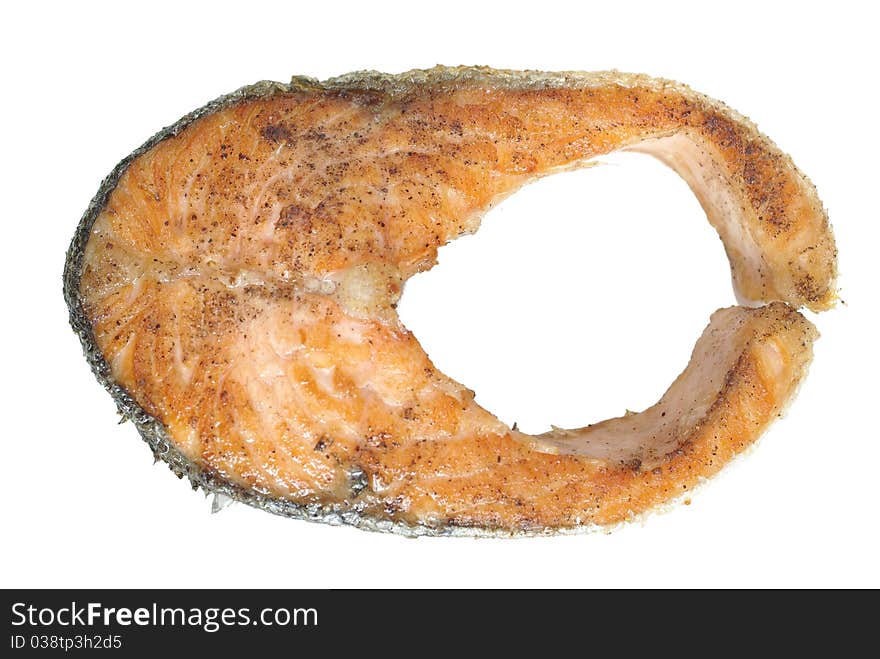 Fried salmon on white background