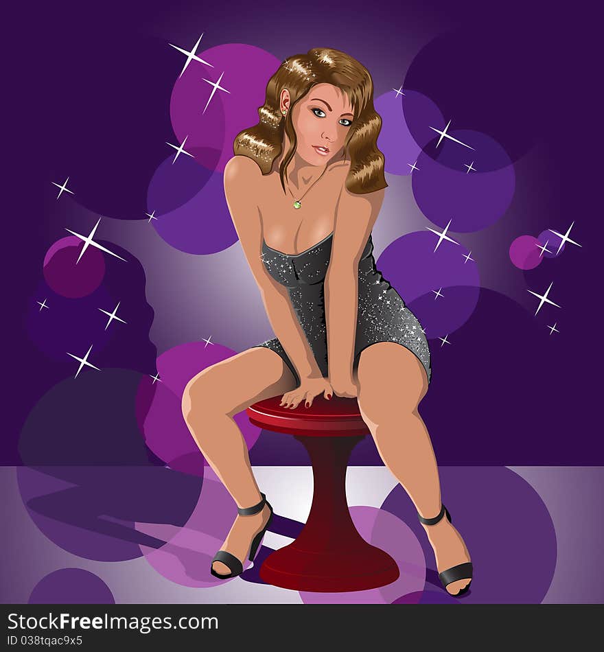 Illustration, making look younger woman in evening gown on chair