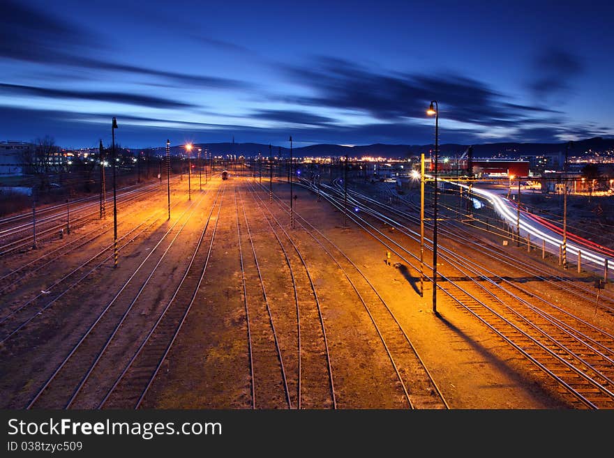 Railway lines at night.