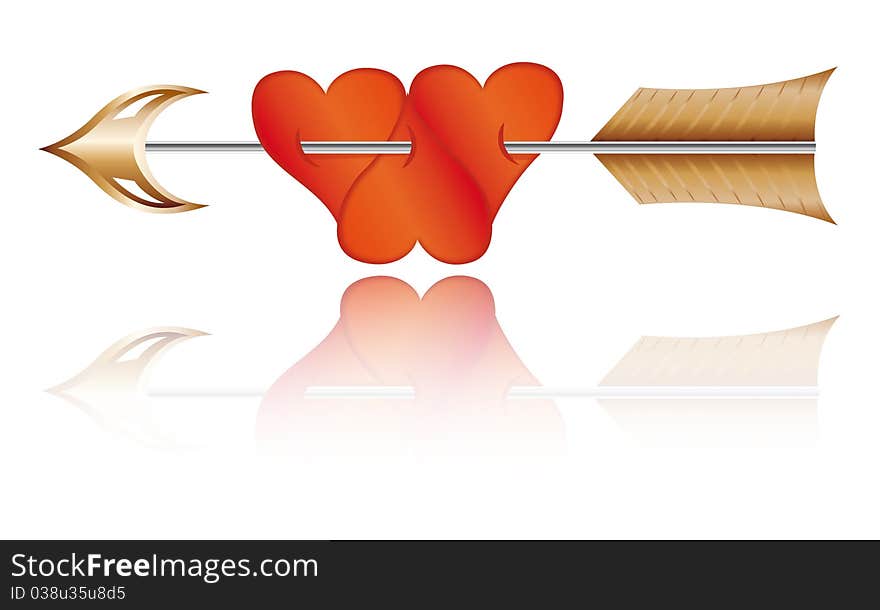 Three red hearts pierced by arrow. Isolated on white background. Three red hearts pierced by arrow. Isolated on white background.