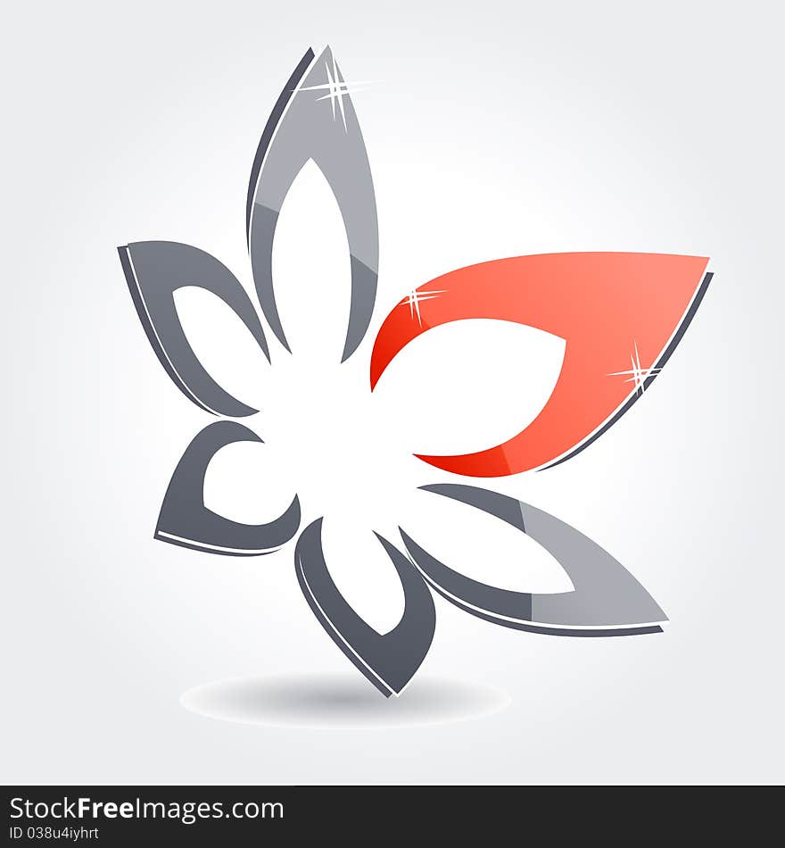 Abstract grey floral symbol with red petal. Abstract grey floral symbol with red petal