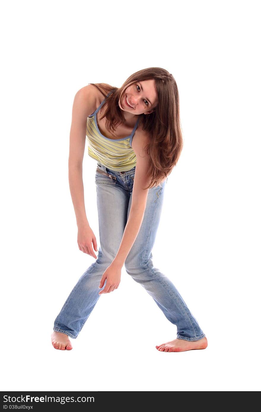 Girl in green stripy top tired. Isolated on white.