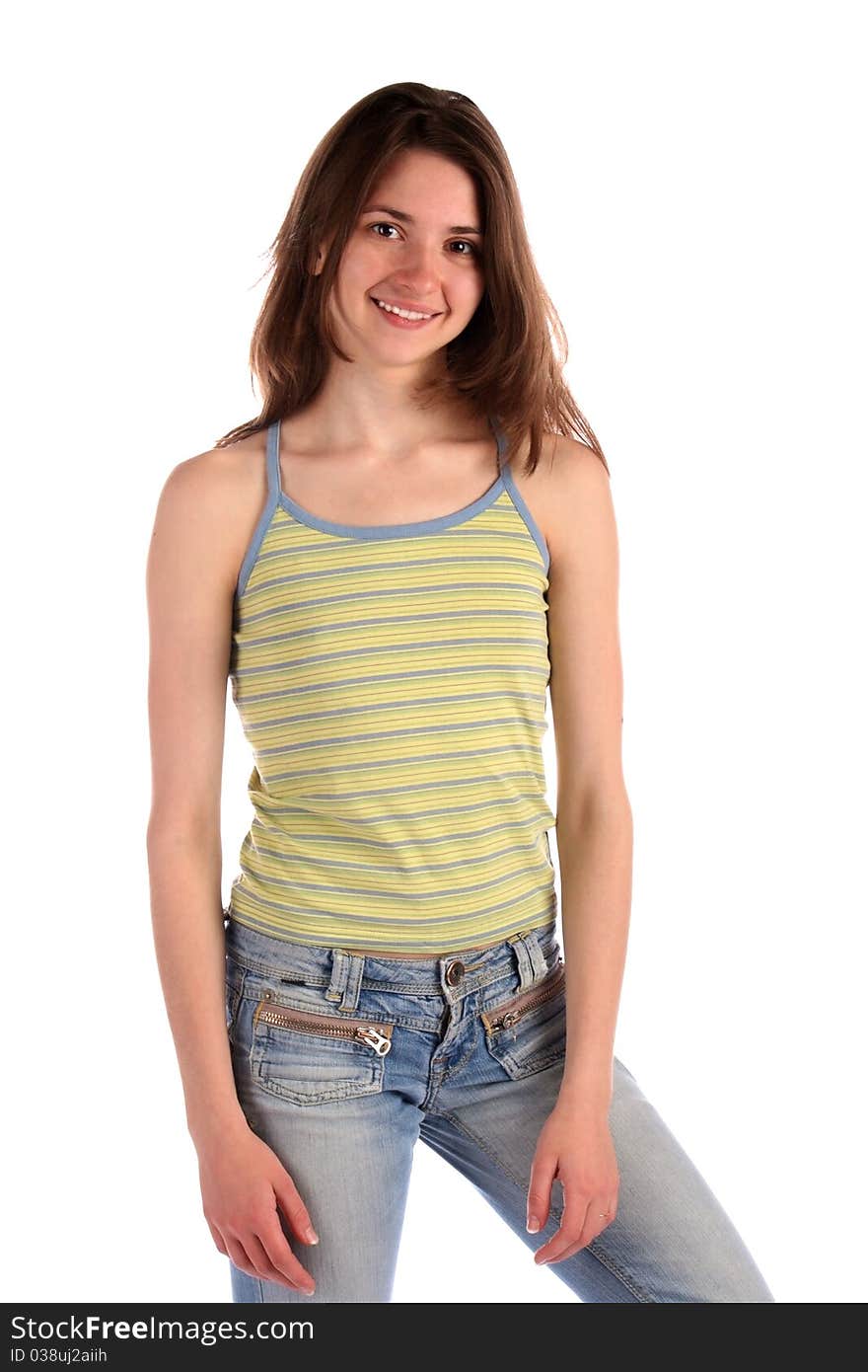 Girl in green stripy top posing.