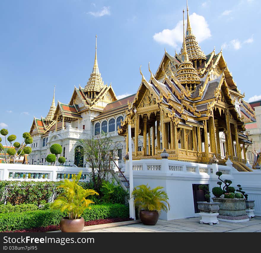 Royal palace Bangkok showing gold towers and gardens