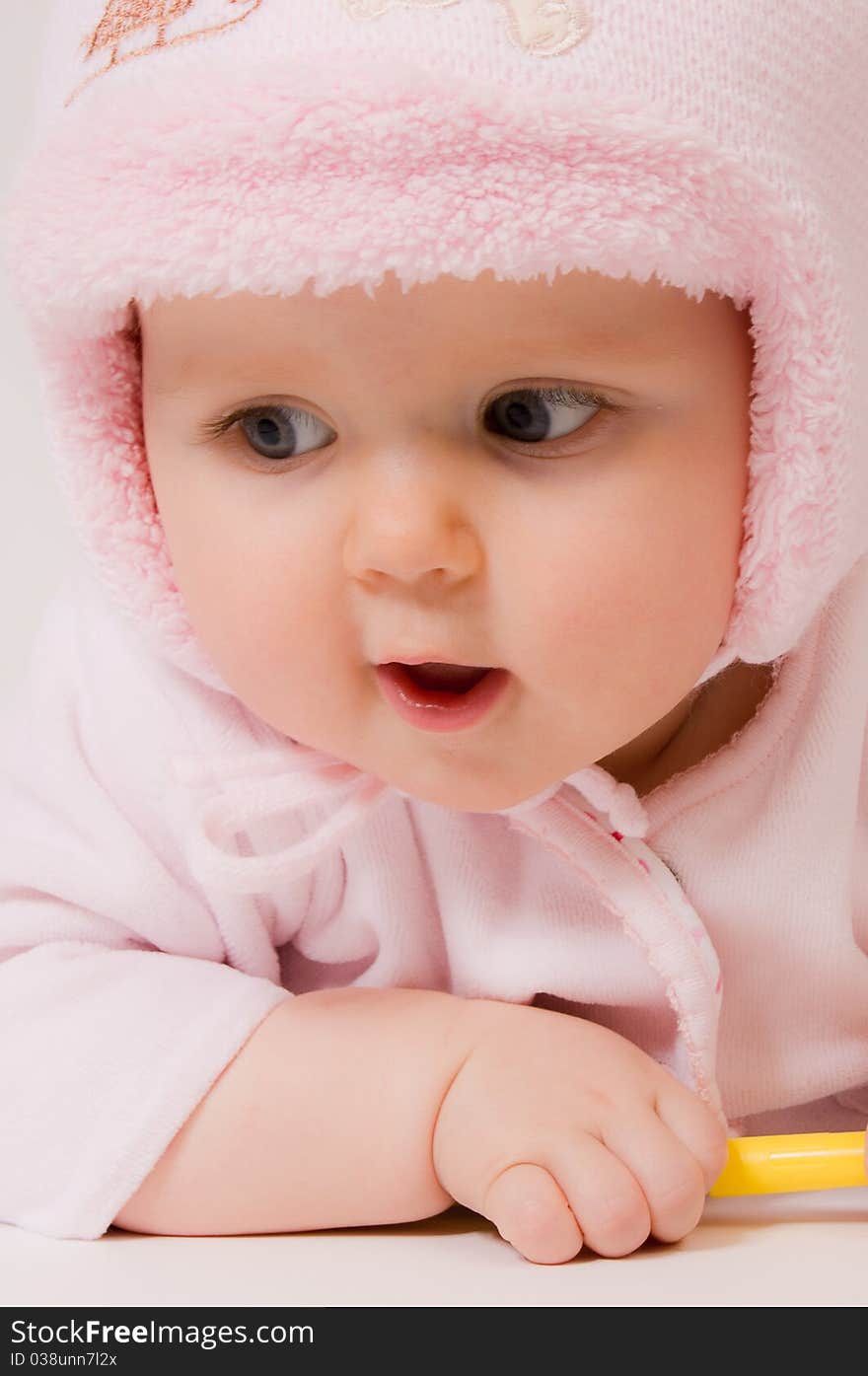 Little child baby portrait. On white background.