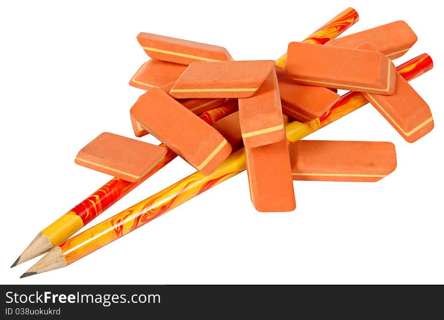 Pencils and rubbers on a white background