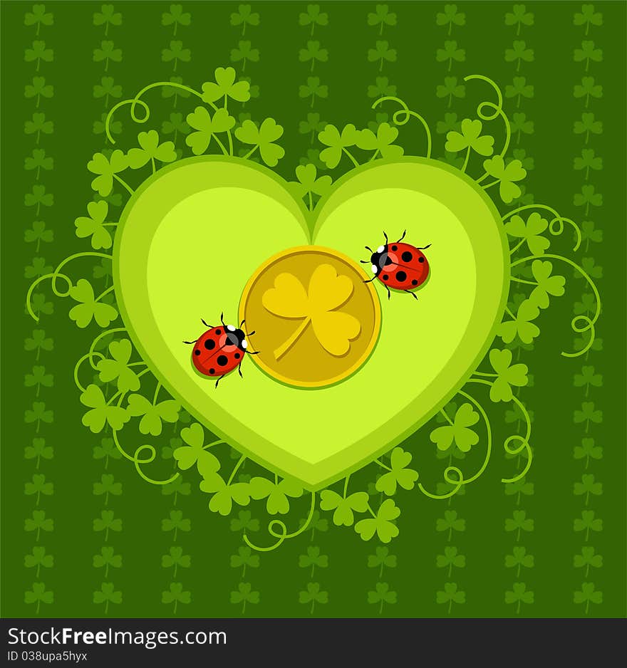 St. Patrick's Day card with clovers, ladybirds and gold coin. St. Patrick's Day card with clovers, ladybirds and gold coin