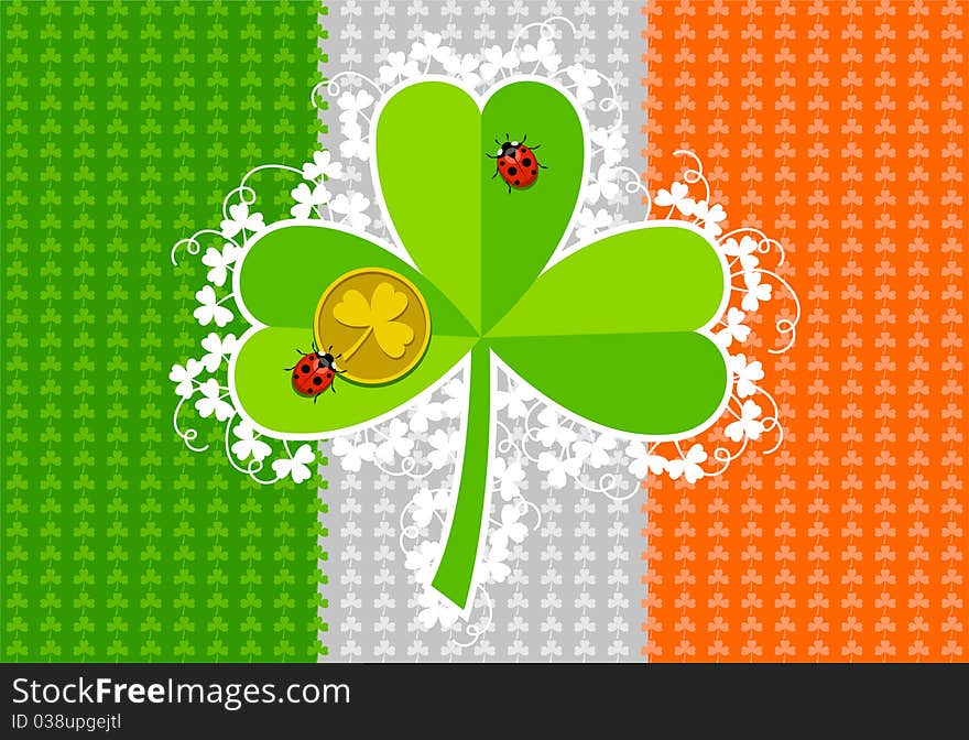 St. Patrick's Day card with Irish flag, clovers, ladybirds and gold coin. St. Patrick's Day card with Irish flag, clovers, ladybirds and gold coin