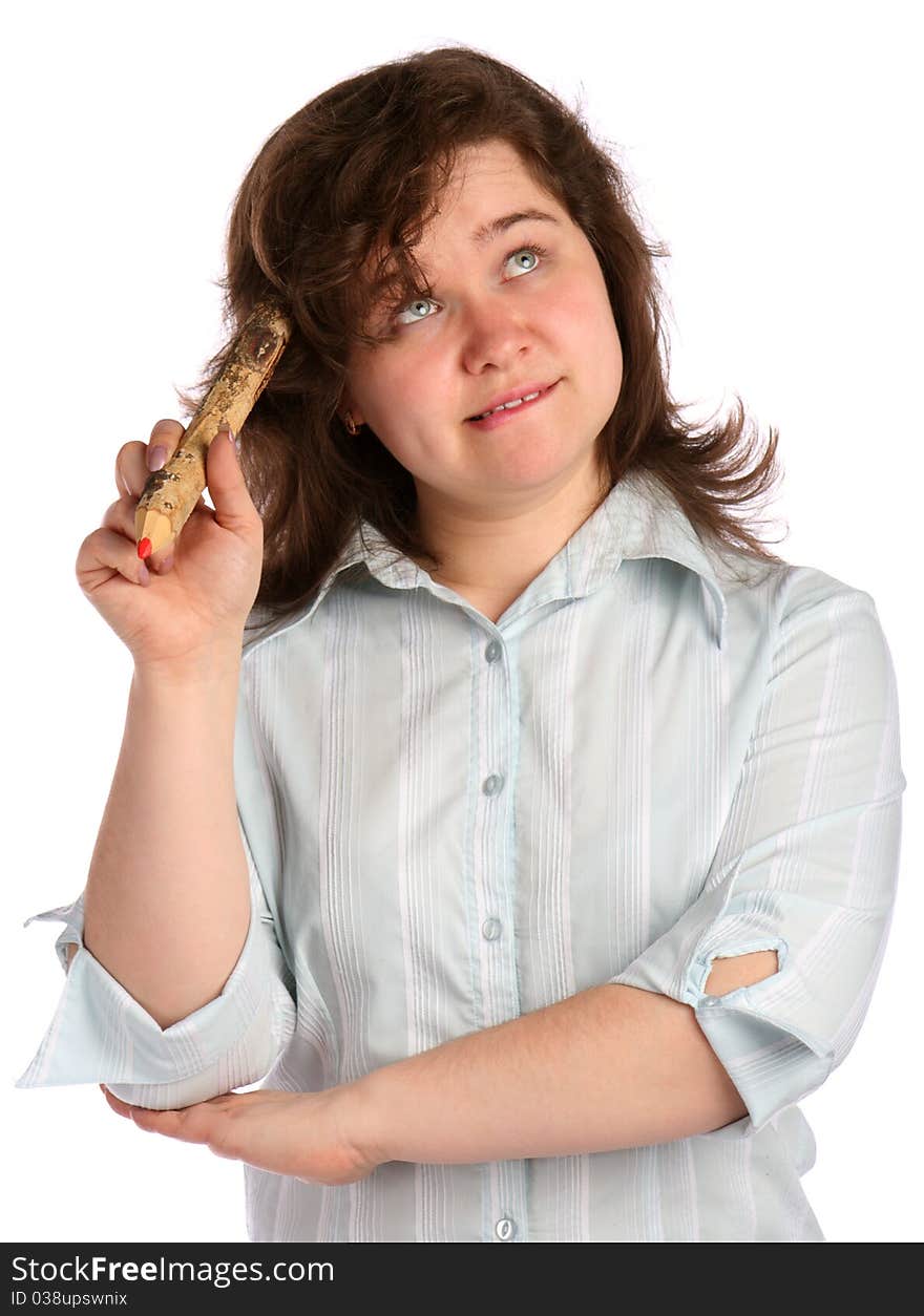 Chubby girl in white shirt with pencil thinks. Isolated on white. Chubby girl in white shirt with pencil thinks. Isolated on white.