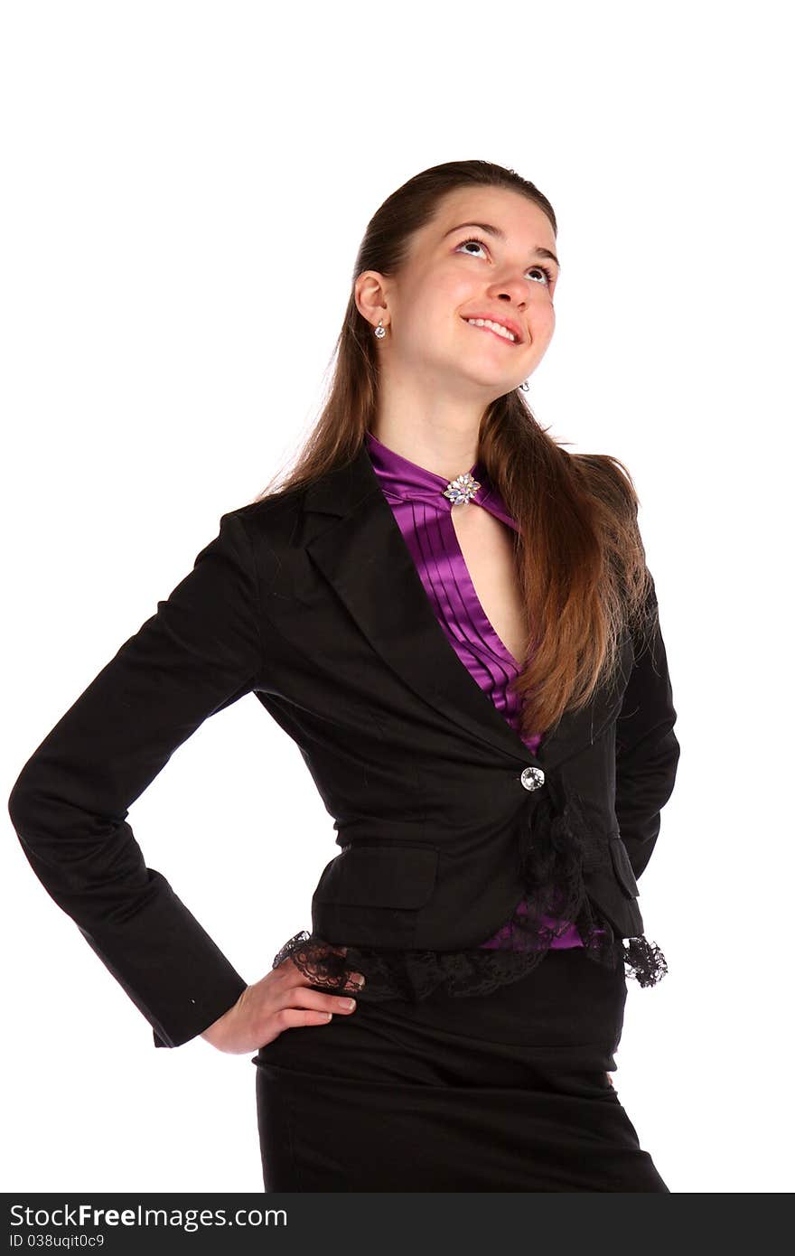 Girl In Black Suit Looks Up Smiling.