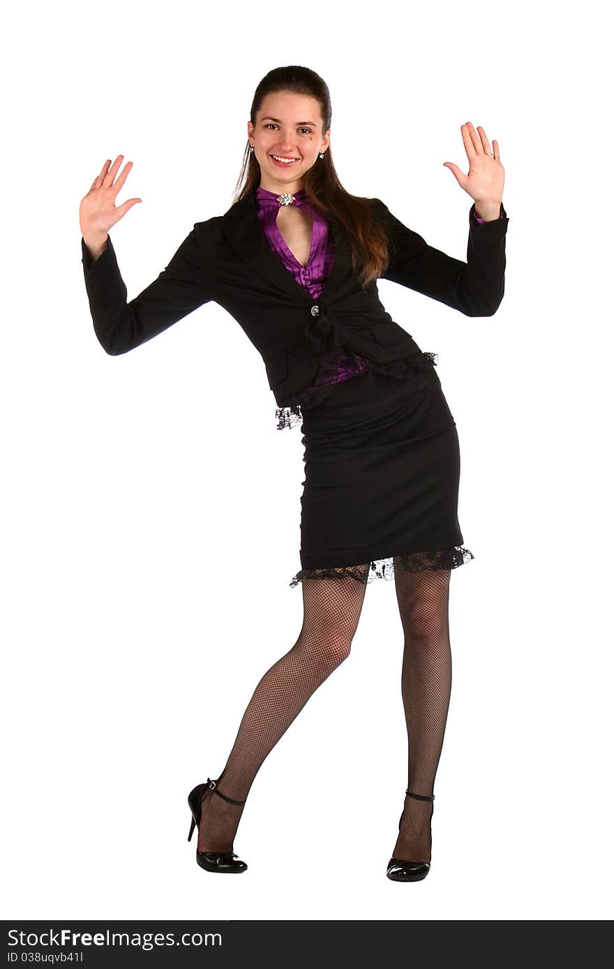 Girl in black suit show hands.