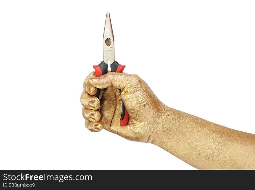 Flat-nose pliers in a gold man s hand