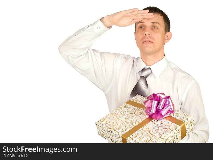 The man waits for holiday approach to present a gift. The man waits for holiday approach to present a gift