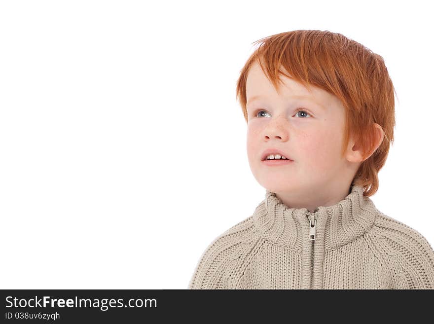 Ginger red hair haired boy staring eyes isolated on white. Ginger red hair haired boy staring eyes isolated on white