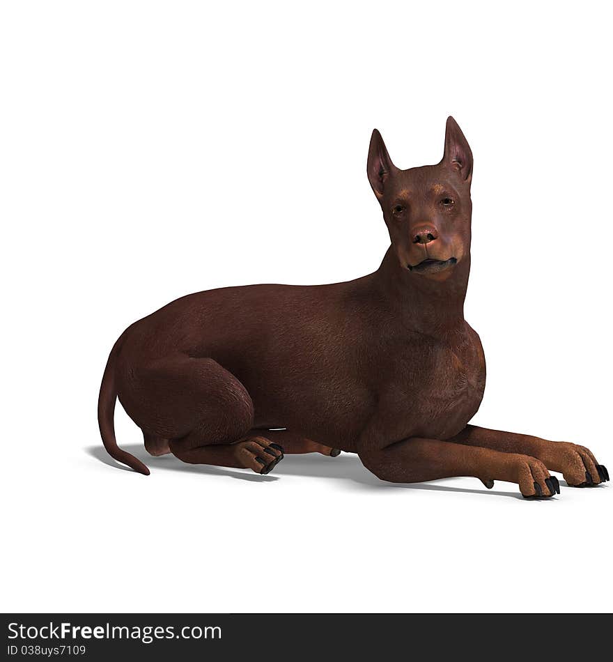 Doberman Dog. 3D rendering with clipping path and shadow over white