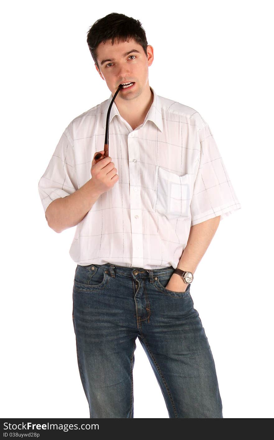 Young man with pipe. Isolated on white.