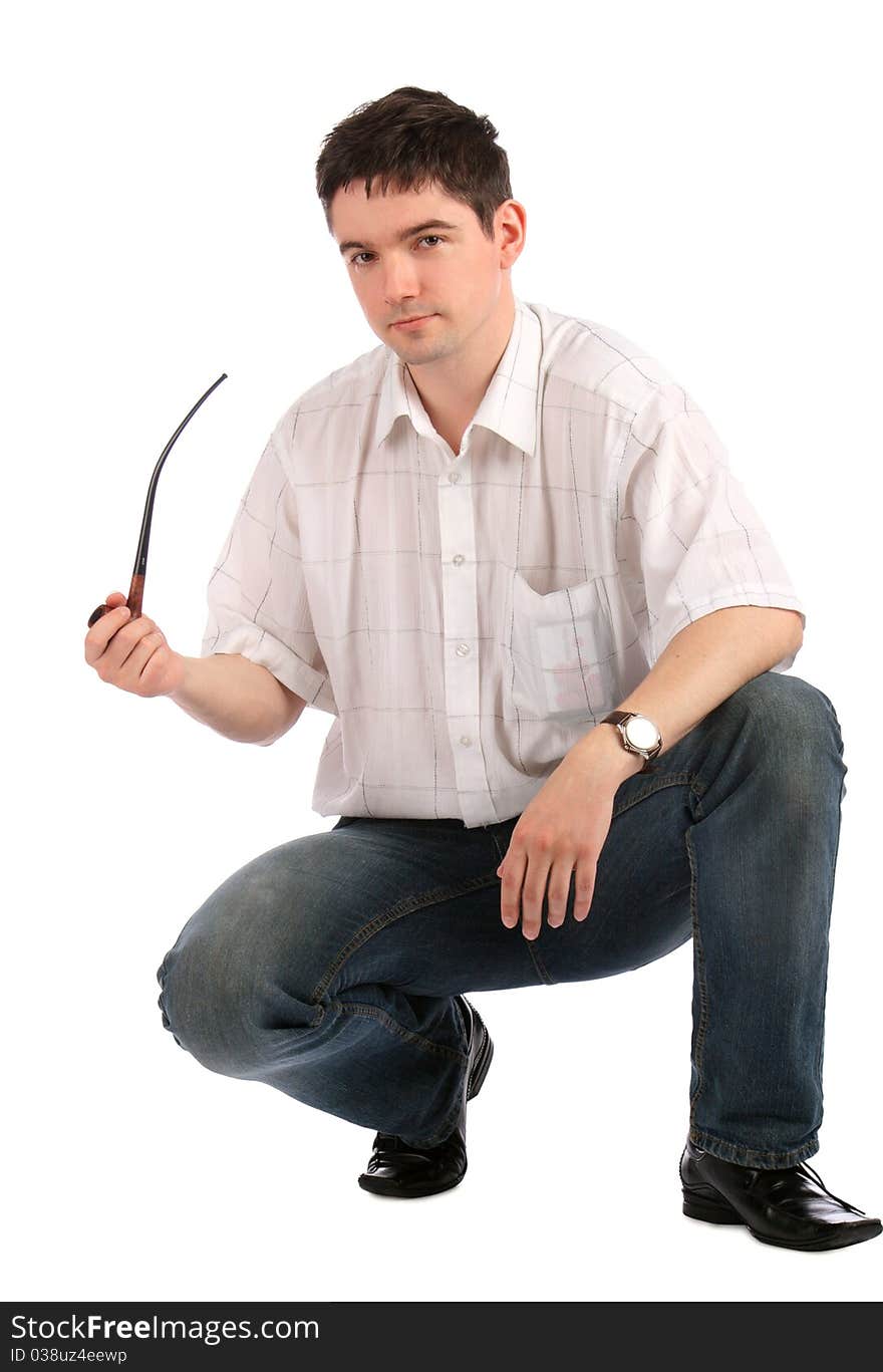 Young Man Sits Demonstrating Tobacco-pipe.