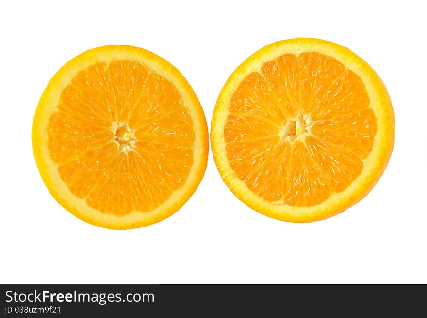 Two halves of an orange isolated on a white. Two halves of an orange isolated on a white