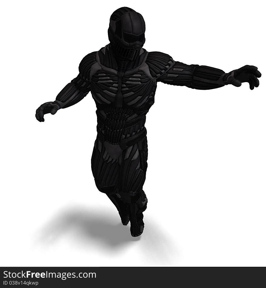 Science fiction male character in futuristic suit. 3D rendering with clipping path and shadow over white