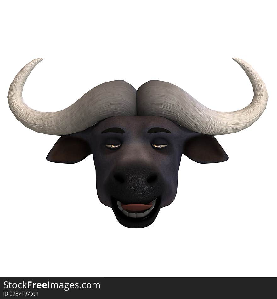 Very cute and funny cartoon buffalo. 3D rendering with clipping path and shadow over white