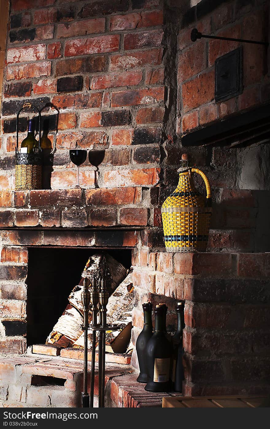 The old brick fireplace in a hunting home