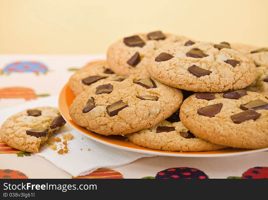 Butter cookie with chocolate chip in a plate. Very shallow depth of field. Butter cookie with chocolate chip in a plate. Very shallow depth of field.