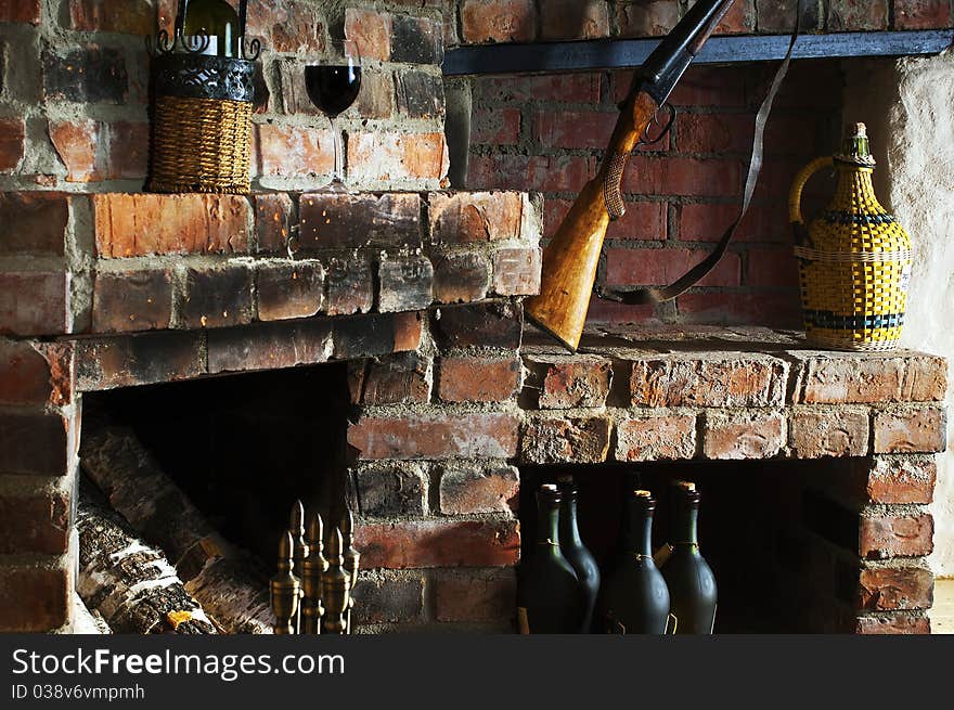 fireplace in a hunting home. fireplace in a hunting home.