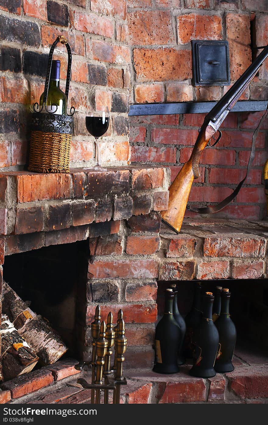 Fireplace in a hunting home. Fireplace in a hunting home.