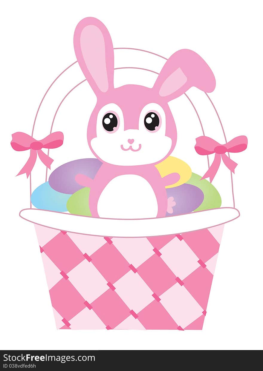 Easter bunny in a basket with eggs.