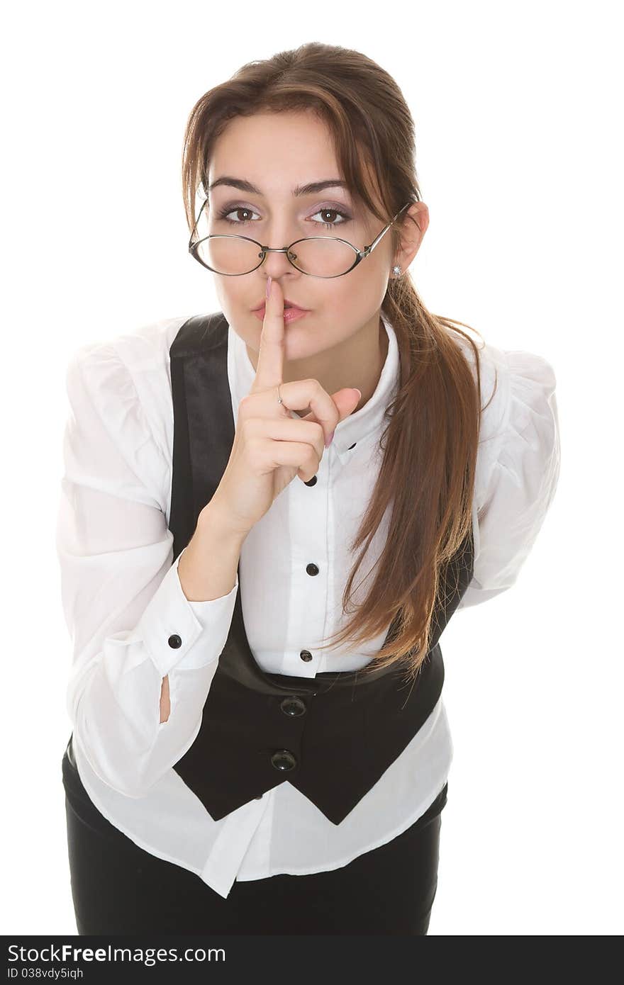 Young business woman in glasses asks for calm. Young business woman in glasses asks for calm