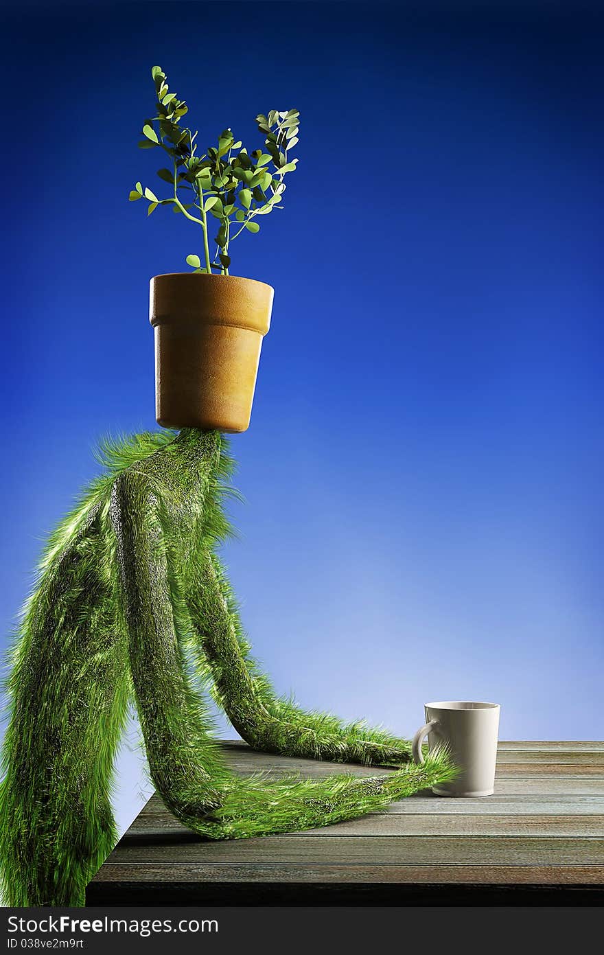 Herbal guy sitting at a table with a cup of water. Flower Pot instead of a head