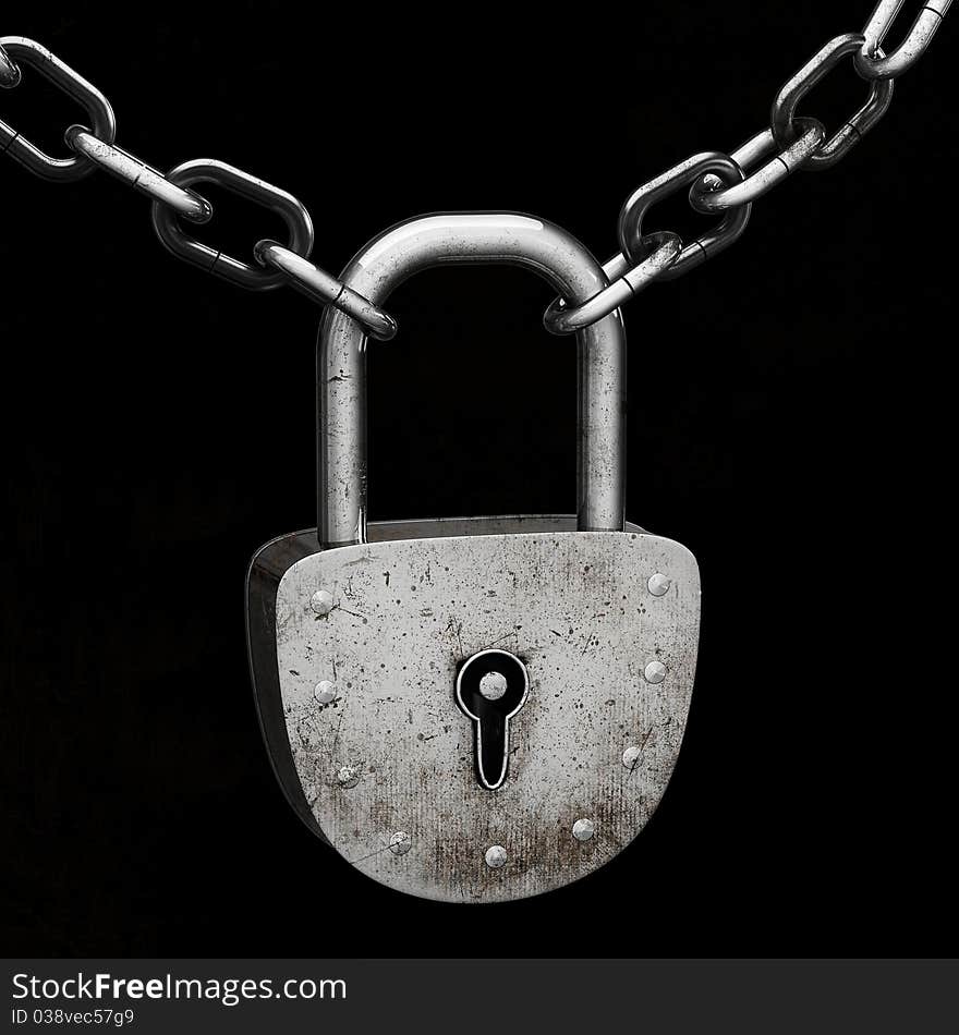 Old padlock, connecting iron chains, isolated on black background. Old padlock, connecting iron chains, isolated on black background