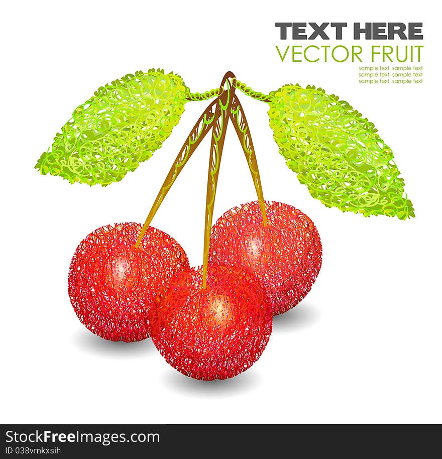 Three abstract cherry with leaf isolated on white hand drawn. Vector illustration. Three abstract cherry with leaf isolated on white hand drawn. Vector illustration