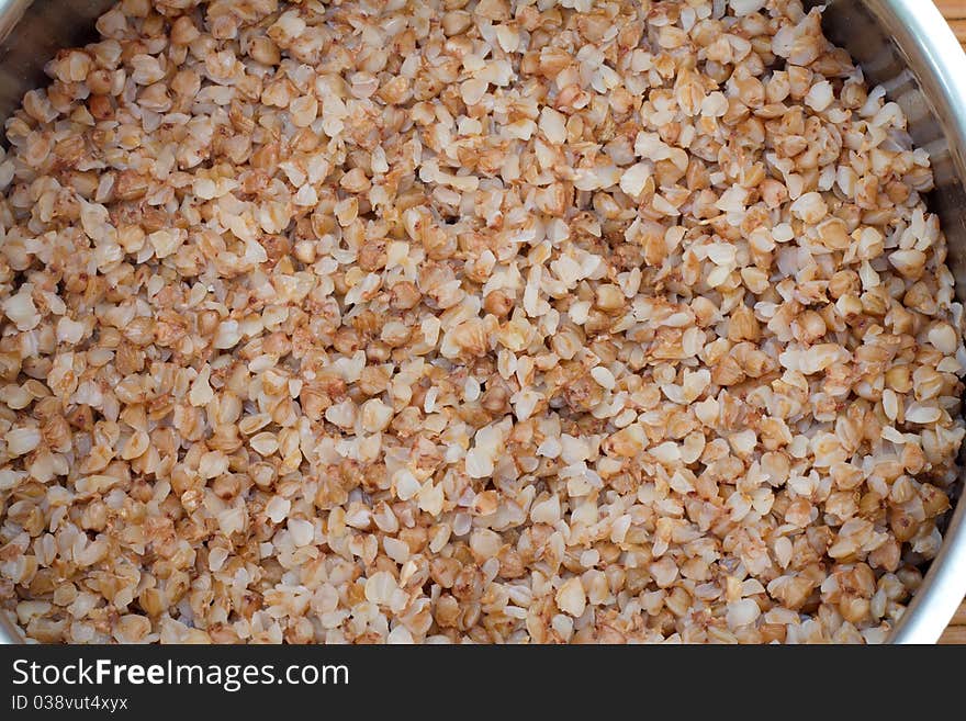 Cooked Buckwheat in a pan close up