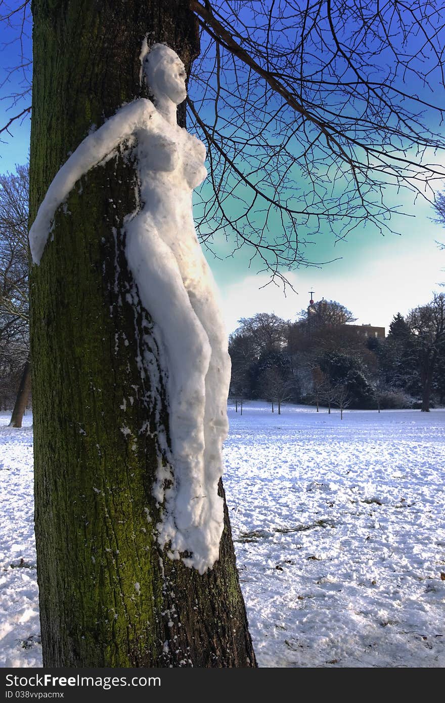 Snow sculpture on a tree in Greenwich park, London UK. Snow sculpture on a tree in Greenwich park, London UK.