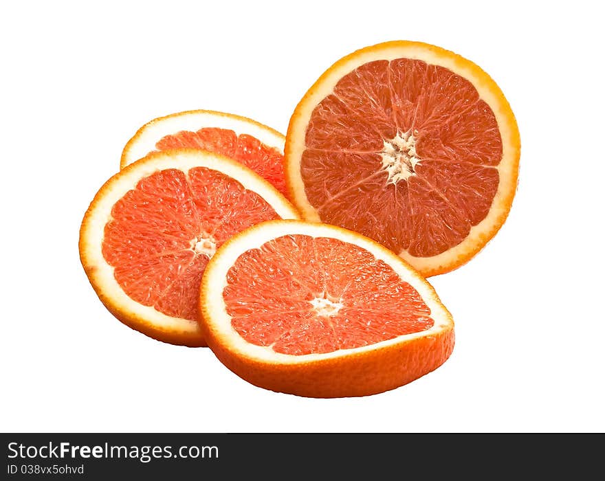 Fresh and juicy red orange cut into slices, isolated, white background. Fresh and juicy red orange cut into slices, isolated, white background.