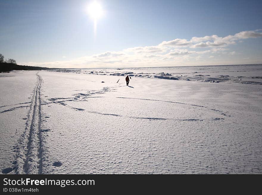 The white, snowy sea coast